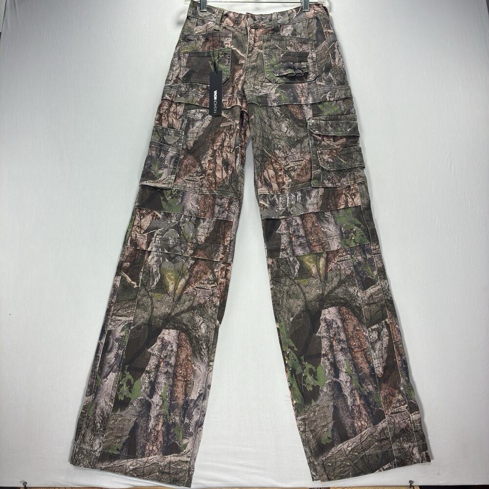 Fashion Nova Women’s Size 0 Bree Camo Stretch Cargo Jeans Olive Wide Leg NWT
